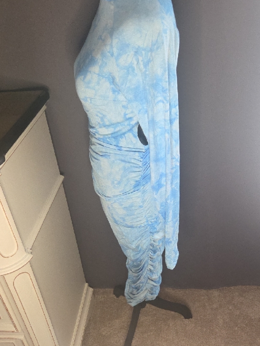 Turtleneck Long-Sleeve Blue Tie-Dye Bodycon Dress - Picture 3 of 3